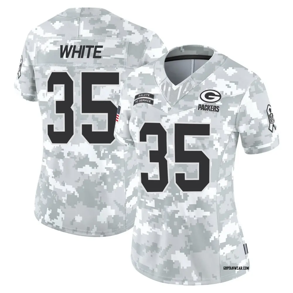 Limited Arctic Camo Women's Jalen White Green Bay Packers 2024 Salute to Service Jersey