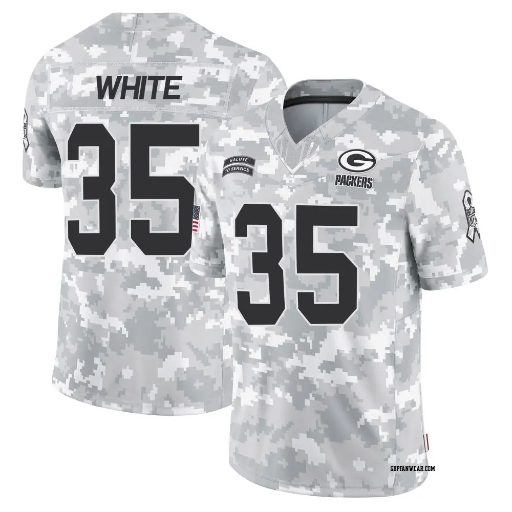 Limited Arctic Camo Youth Jalen White Green Bay Packers 2024 Salute to Service Jersey