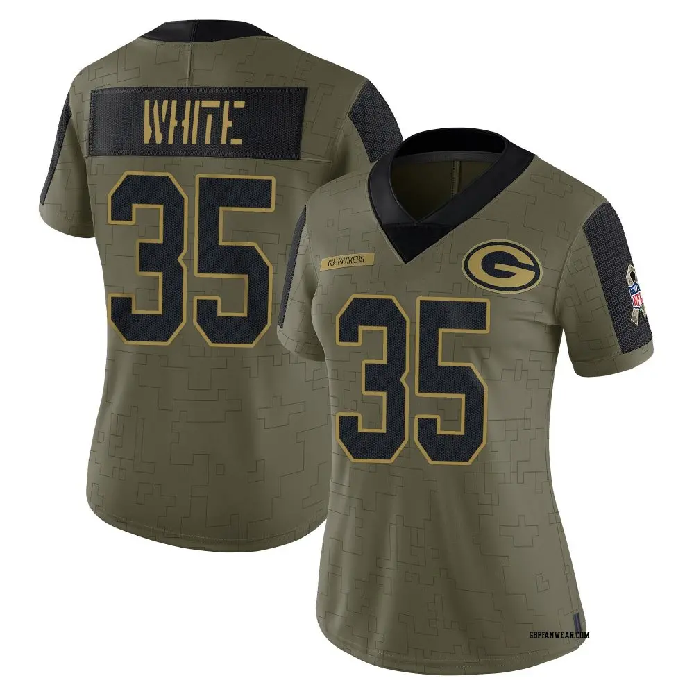Limited Olive Women's Jalen White Green Bay Packers 2021 Salute To Service Jersey